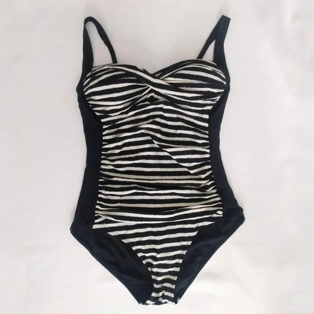 Emerald Bay black/white striped tummy control onepiece bathing suit 12